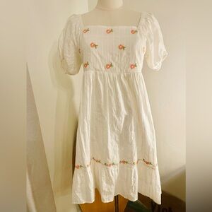 Embroidered Square Neck Puff Sleeve White Cotton Midi Dress With Open Tie Back